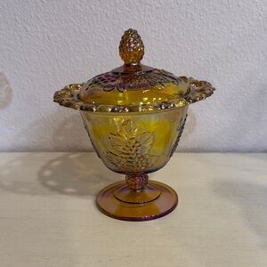 Vintage Iridescent Marigold Carnival Glass Covered Compote with Grape Motif